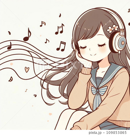 ヘッドフォンで音楽を聴く女性 109853865
