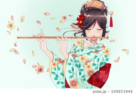 Young Asian woman playing flute vector illustration Young Asian woman playing flute vector illustration 109853948