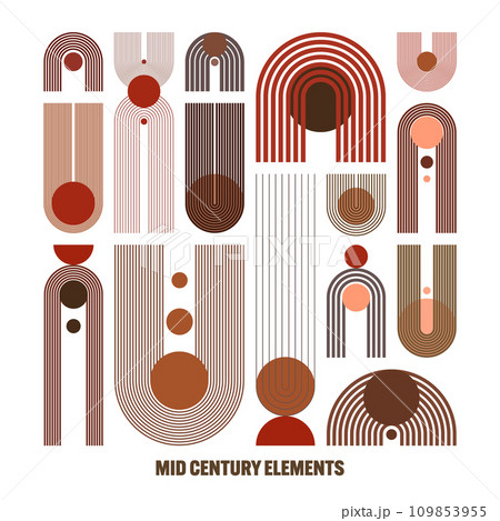 Mid century arch and circle elements, modern geometric shapes. Contemporary design, minimalist art. Trendy design elements for wall decor, posters, books, covers and flyers. Vector illustration 109853955