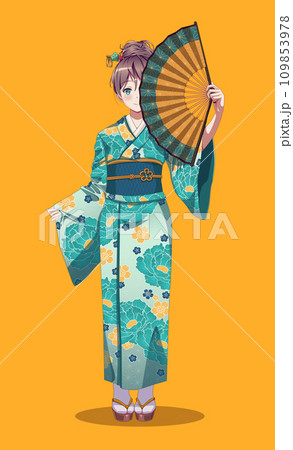 Beautiful anime manga young woman in kimono holding paper fan Beautiful anime manga young woman in kimono holding paper fan 109853978