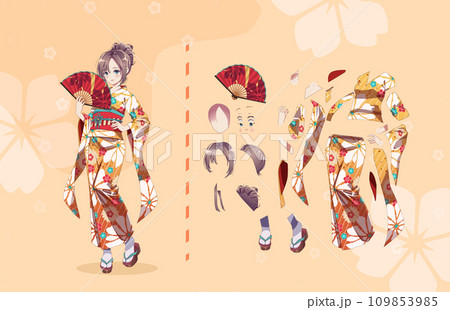 Anime girl in kimono with handheld paper fan characters for animation 109853985