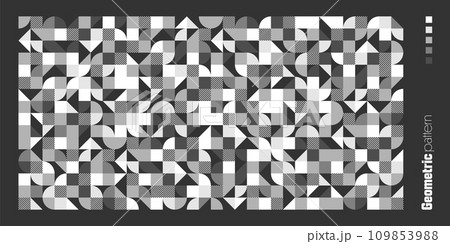 Geometric trendy pattern, Bauhaus style. Modern background with simple elements. Retro texture with basic geometric shapes. Print design, minimalist poster cover. Vector illustration Geometric trendy pattern, Bauhaus style. Modern background with simple elements. Retro texture with basic geometric shapes. Print design, minimalist poster cover. Vector illustration 109853988