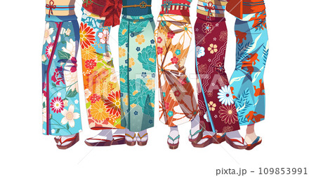 Anime manga girl wearing Japanese kimono. Long legs of group of girls. Vector illustration Anime manga girl wearing Japanese kimono. Long legs of group of girls. Vector illustration 109853991