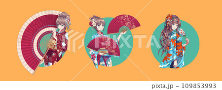 Anime manga girl cartoon characters. Girl wearing Japanese kimono with handheld paper fan. Isolated Round Icons Anime manga girl cartoon characters. Girl wearing Japanese kimono with handheld paper fan. Isolated Round Icons 109853993