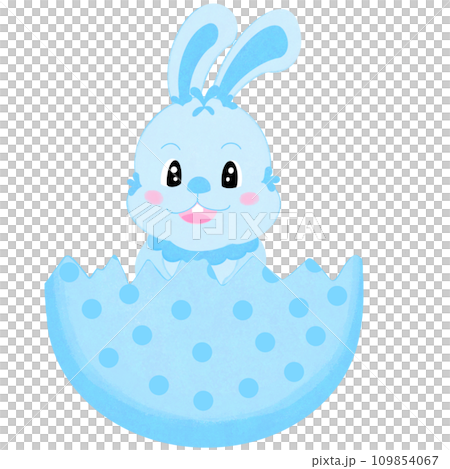 Happy Easter greeting card Cartoon illustration of a cute bright blue rabbit sitting in a blue polka dot broken eggshell Happy Easter greeting card Cartoon illustration of a cute bright blue rabbit sitting in a blue polka dot broken eggshell 109854067
