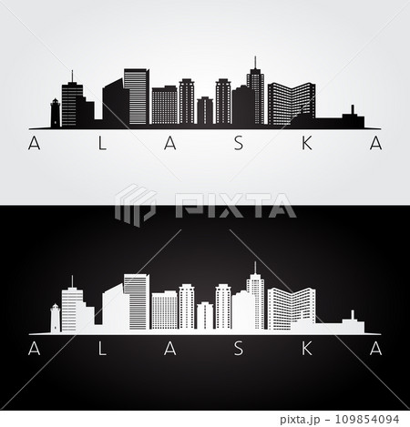 Alaska state skyline and landmarks silhouette 109854094