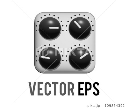 Vector silver square audio mixing console 3D icon with four black control knobs Vector silver square audio mixing console 3D icon with four black control knobs 109854392