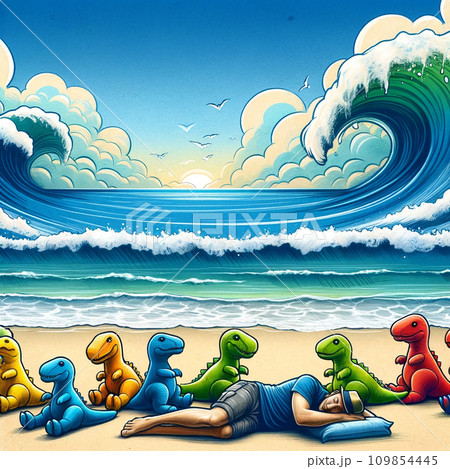 寝ている男性とたくさんの恐竜のぬいぐるみのイラスト 寝ている男性とたくさんの恐竜のぬいぐるみのイラスト 109854445