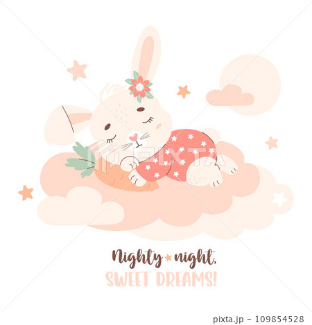 Cute sleeping animal bunny with carrot on cloud. Vector illustration in pastel colors. Kids collection. 109854528