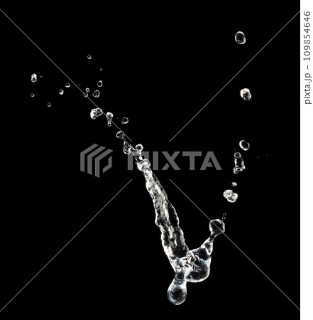 Shape form throw of Water splashes into Line water in air and stop motion freeze shot. Shape form Water for clear texture graphic resource elements, black background isolated 109854646