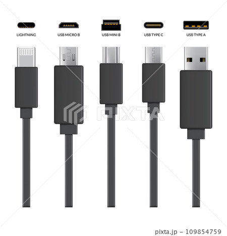 Usb cable connectors. Realistic vector set of phone jacks for cabling in black color. Cable for charging or transmitting information for modern electronic devices Usb cable connectors. Realistic vector set of phone jacks for cabling in black color. Cable for charging or transmitting information for modern electronic devices 109854759