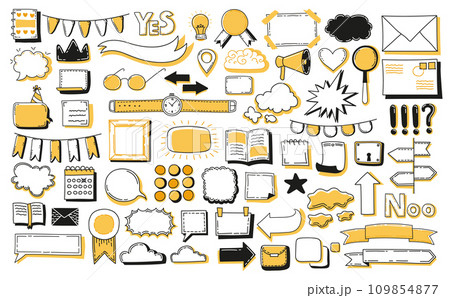 Journal doodle icons set. Hand drawn banners and elements for notebook, diary and planner. Doodle scribble style. Vector illustration 109854877