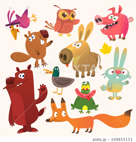 Set of funny animals isolated on white background. Cartoon fox owl  bunny rabbit beaver duck donkey pig frog and bear. Vector illustration isolated 109855151