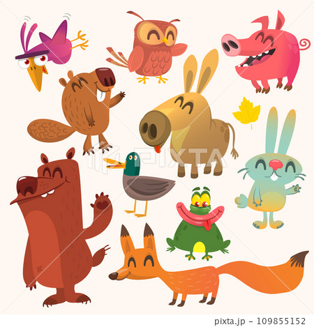 Set of funny animals isolated on white background. Cartoon fox owl  bunny rabbit beaver duck donkey pig frog and bear. Vector illustration isolated 109855152