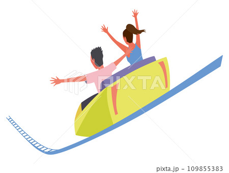 Roller coaster happy people. Rollercoaster. Friends riding in amusement park have fun positive emotion, park attractions. Young people having fun and enjoyment, cartoon vector illustration 109855383