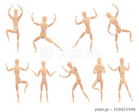 Wooden marionette with joints. Wood human anatomy, statue doll or handmade puppet theater toy men figure. Cartoon mannequin sculpture model for puppeteers hand, vector illustration Wooden marionette with joints. Wood human anatomy, statue doll or handmade puppet theater toy men figure. Cartoon mannequin sculpture model for puppeteers hand, vector illustration 109855446