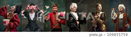Collage made of portrait of different people, men and women in vintage costumes over dark green background. 109855759