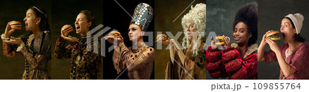 Collage. Beautiful elegant woman, medieval royal person and housemaid eating fast food, burger over dark green background. 109855764