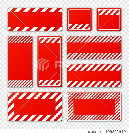 Various blank red warning signs with diagonal lines. Attention, danger or caution sign, construction site signage. Realistic notice signboard, warning banner, road shield. Vector illustration 109855910