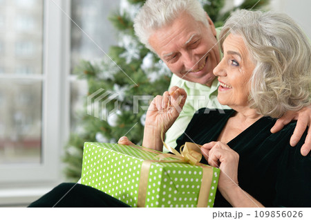 Happy elderly couple celebrating new year at home Happy elderly couple celebrating new year at home 109856026