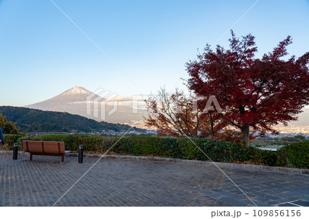 富士川SA（下り）富士山展望デッキから見る紅葉と富士山 静岡県 富士市 109856156