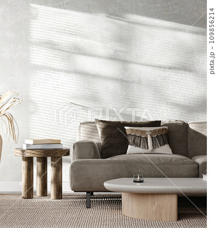 Contemporary chic living room with a muted grey sofa and rustic wooden side table, highlighted by natural textures and sunlight. 3d render Contemporary chic living room with a muted grey sofa and rustic wooden side table, highlighted by natural textures and sunlight. 3d render 109856214