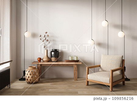 Minimalist entryway with a sleek wooden console, hanging pendant lights, and a cozy armchair in a modern home. 3d render 109856216