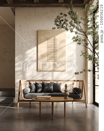 Elegant mid-century modern living space with a unique wooden sofa and abstract artwork in a minimalist setting. 3d render 109856219