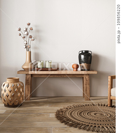 Rustic wooden console table with wicker accents and decorative vases in a cozy bohemian interior. 3d render 109856220