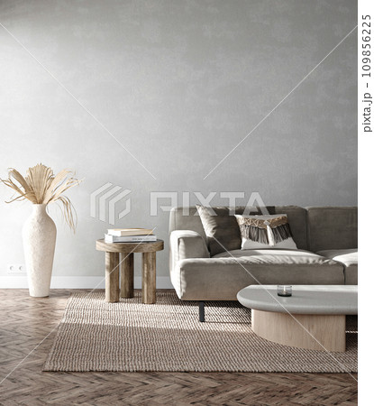 Sleek and modern living area with sophisticated furniture, showcasing earthy tones and clean lines against a textured backdrop. 3d render 109856225