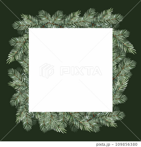 watercolor square frame with coniferous branches, Christmas tree, hand drawn sketch of green fir branches, natural pine branch on green background, natural forest tree illustration 109856380
