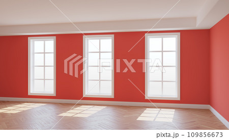 Light Red Interior with Three Large Windows, Light Glossy Herringbone Parquet Floor and a white Plinth. Beautiful Concept of the Empty Room. 3D rendering, Ultra HD 8K, 7680x4320, 300 dpi 109856673