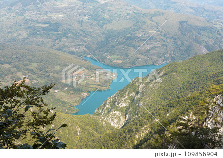 Tara mountain in western Serbia. Viewpoint Biljeska stena. View at river Drina and lake Perucac 109856904