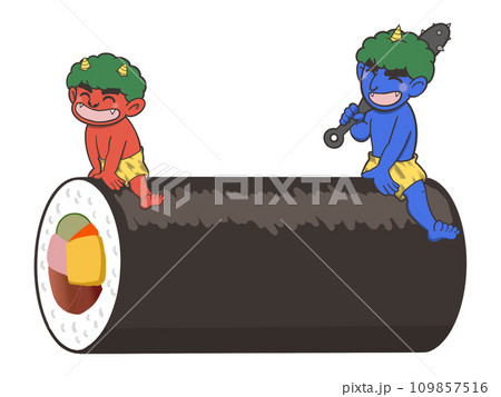 恵方巻きに跨った赤鬼と青鬼 恵方巻きに跨った赤鬼と青鬼 109857516