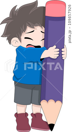 boy is hugging a large pencil used for writing at school boy is hugging a large pencil used for writing at school 109857926