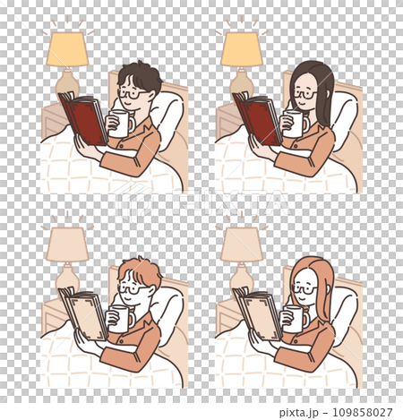 Illustrations of men and women reading on their beds before going to bed 109858027