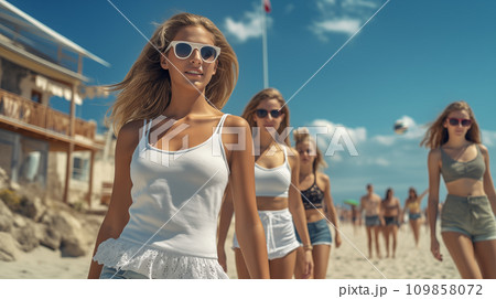 AI-generated content. A beautiful girls in sunglasses , standing on the beach, game volleyball 109858072