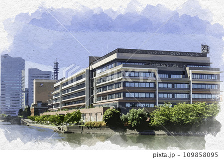 水彩画風　横浜みなとみらい　よこはま新港合同庁舎　神奈川県横浜市 109858095