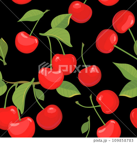 Seamless pattern with cherry on a black background. Flat style vector illustration for summer stylish design, wallpapers, packaging, textiles, fabrics. Seamless pattern with cherry on a black background. Flat style vector illustration for summer stylish design, wallpapers, packaging, textiles, fabrics. 109858783