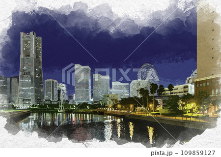 都市風景》横浜 みなとみらい《水彩画》のイラスト素材