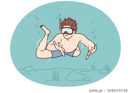 Man diver with smile swims underwater enjoy exploring ocean floor with rocks and algae. Vector image 109859536