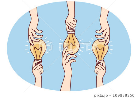 Hands sharing glowing light bulbs are metaphor for ideas or joint brainstorming. Vector image 109859550