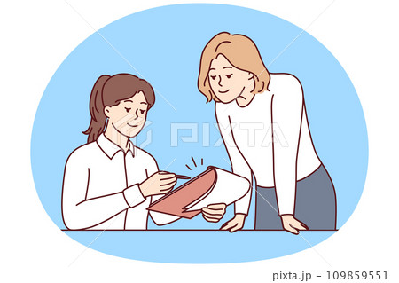 Woman manager sitting at table near assistant using clipboard with working papers. Vector image Woman manager sitting at table near assistant using clipboard with working papers. Vector image 109859551
