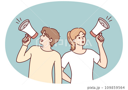 Man and woman shouting in loudspeaker to invite to event or make announcement. Vector image 109859564