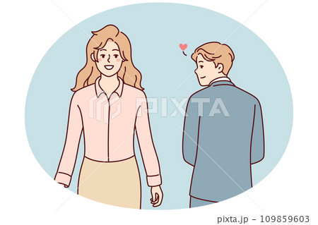 Man in business clothes looks back at beautiful woman having romantic feelings. Vector image Man in business clothes looks back at beautiful woman having romantic feelings. Vector image 109859603