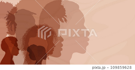 Profile silhouettes people African and African American. Black history month event. Ethnic group men and women with black skin. Racial equality - justice - identity - anti-racism. Banner 109859628