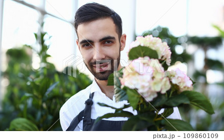 Bearded Male Florist with White Blooming Hydrangea 109860109