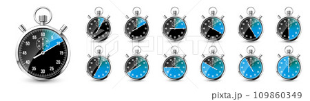 Realistic classic stopwatch. Shiny metal chronometer, time counter with dial. Blue countdown timer showing minutes and seconds. Time measurement for sport, start and finish. Vector illustration Realistic classic stopwatch. Shiny metal chronometer, time counter with dial. Blue countdown timer showing minutes and seconds. Time measurement for sport, start and finish. Vector illustration 109860349
