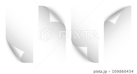 Set of white paper curls. Curled page corner with shadow. Blank sheet of paper. Design element for advertising and promotion. Vector illustration. 109860434