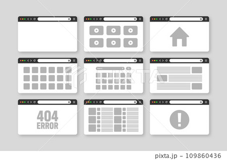 Web browser window, pages layout with toolbar and search field. Modern website, internet page in flat style. Browser mockup for computer, tablet and smartphone. Adaptive UI. Vector illustration 109860436